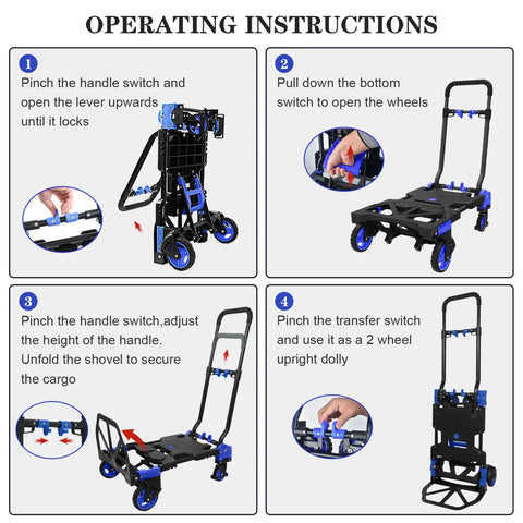 Operating instructions of the 2 In 1 Folding Hand Truck And Folding Basket Heavy Duty Dolly With Telescoping Handle And Rubber Wheels