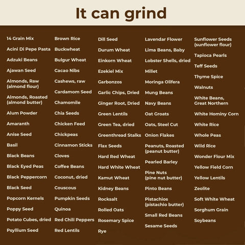 List of grains, nuts, seeds, and spices grindable by Junior Deluxe Hand Crank Grain Mill for Fresh Flour Grinding with Stone Burrs