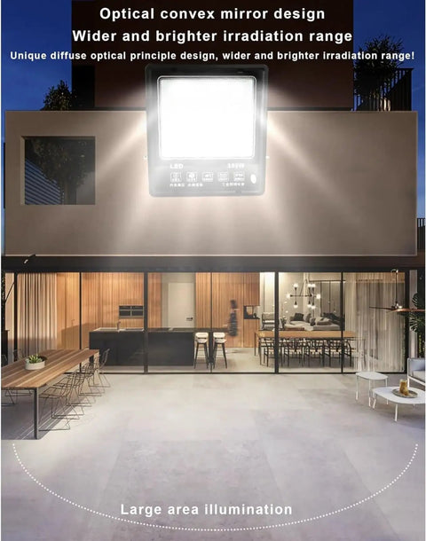 JUDYSSY 6500K Led Floodlight Outdoor on a building; 300W for large area illumination, featuring optical convex mirror design.