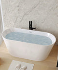 Hella Spacious Freestanding Acrylic Bathtub, Gloss White Stand Alone Soaker With Smooth Double Wall Insulation, Sweet No Hassle Installation, Top Shelf Bathroom Vibe And Slick Chrome Drain For Ultimate Chill Vibes, featuring water and modern faucet.