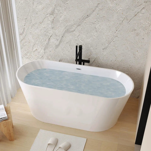 Hella Spacious Freestanding Acrylic Bathtub, Gloss White Stand Alone Soaker With Smooth Double Wall Insulation, Sweet No Hassle Installation, Top Shelf Bathroom Vibe And Slick Chrome Drain For Ultimate Chill Vibes, featuring water and modern faucet.