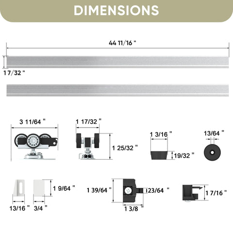 Dimensions diagram of 8 Ft Double Pocket Door Track Kit With Concealed Sliding System, including two 44.69-inch rails for 48-inch double door width.