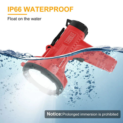 Beast Bright Rechargeable Spotlight Flashlight With 200 Lumen High Mode IP66 Waterproof floating in water, showcasing durability.