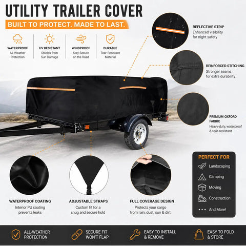 Rock Hard 5X8 Utility Trailer Cover Built Tough With Heavy Duty 420D Waterproof Polyester Cargo Tarp Windproof Weather Shield For Single Tandem Axle Trailers