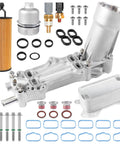 Beefed-Up Full Aluminum Engine Oil Filter Housing and Oil Cooler Kit for 3.6L V6 Cars and SUVs, parts laid out
