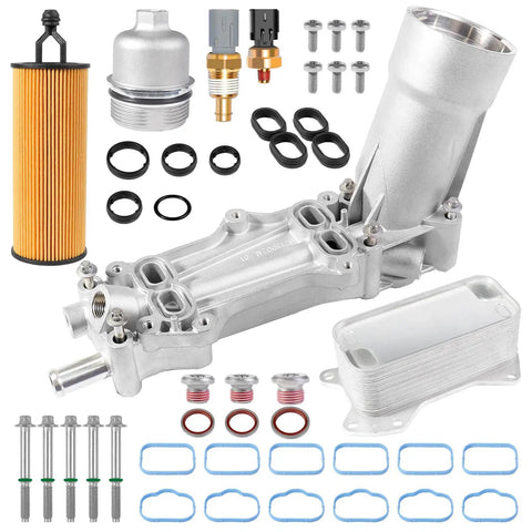 Beefed-Up Full Aluminum Engine Oil Filter Housing and Oil Cooler Kit for 3.6L V6 Cars and SUVs, parts laid out