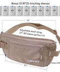 Ultra Slim RFID Blocking Travel Money Belt Hidden Under Clothes For Women And Men With Passport Holder, Protect Cash Cards And Identity, Includes 10 RFID Sleeves, Anti Theft Hidden Pouch For On The Go, beige, with dimensions and waist strap.
