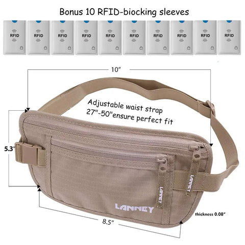 Ultra Slim RFID Blocking Travel Money Belt Hidden Under Clothes For Women And Men With Passport Holder, Protect Cash Cards And Identity, Includes 10 RFID Sleeves, Anti Theft Hidden Pouch For On The Go, beige, with dimensions and waist strap.