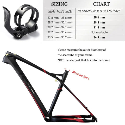 31.8mm Quick Release Bicycle Seatpost Clamp In Sandblasted Anodized Aluminum with Sizing Chart and Frame Illustration