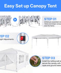 Steps to set up a 10x20 Ft Pop Up Canopy Tent With Six Sidewalls And Mosquito Netting, Heavy Duty Commercial Instant Outdoor Shelter in white.