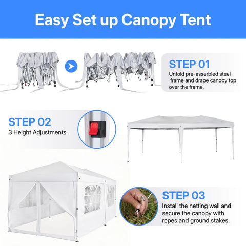 Steps to set up a 10x20 Ft Pop Up Canopy Tent With Six Sidewalls And Mosquito Netting, Heavy Duty Commercial Instant Outdoor Shelter in white.