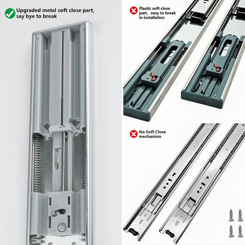 Close-up of 10 Pair Soft Close Drawer Slides 22 Inch Heavy Duty Side Mount Ball Bearing 3-Section Full Extension 100 Lb Capacity