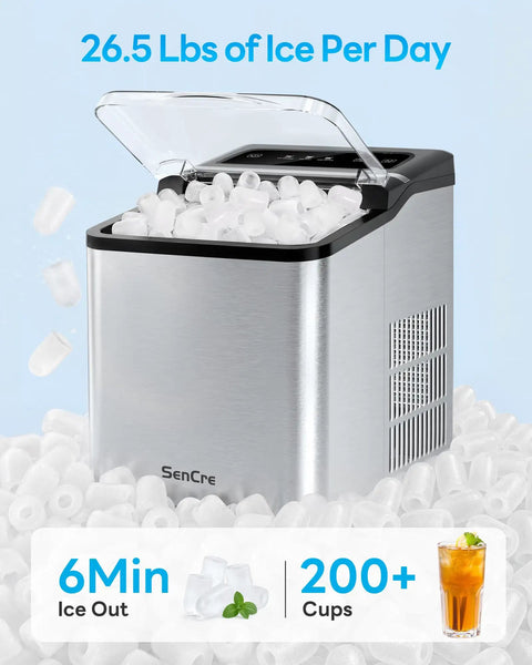 Top Tier Countertop Ice Maker Chilling Drinks On The Fly With Dual Size Bullet Ice Producing Over Twenty Six Pounds Daily.
