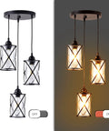Dope Three Light Industrial Pendant Light with black metal cage and glass shades shown in off and on states.