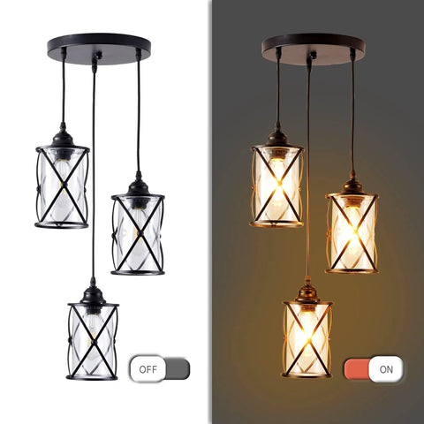 Dope Three Light Industrial Pendant Light with black metal cage and glass shades shown in off and on states.