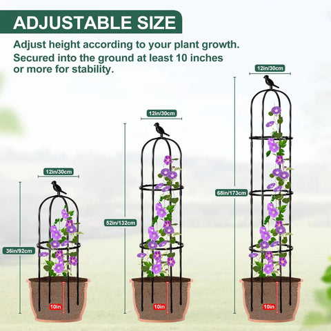 Garden Obelisk Trellis For Climbing Plants, 67-Inch Tall, 12-Inch Wide, 2 Pack with adjustable heights in pots, black.