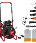 Pro Grade Auto Feed Electric Drain Cleaner 75 Ft Heavy Duty with gloves and accessories for clog removal.
