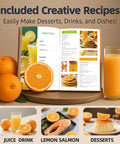 Recipe book open to orange pancakes with fresh oranges and glass of juice on wooden table, Keerain Electric Orange Juicer Hand-Free Citrus Squeezer with 100W Motor And Cleaning Brush.