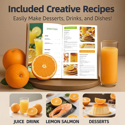 Recipe book open to orange pancakes with fresh oranges and glass of juice on wooden table, Keerain Electric Orange Juicer Hand-Free Citrus Squeezer with 100W Motor And Cleaning Brush.