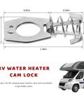 2 Pack RV Water Heater Cam Locks With Hooks Stainless Twist Cam Lock Latch with size dimensions displayed
