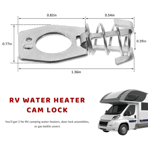 2 Pack RV Water Heater Cam Locks With Hooks Stainless Twist Cam Lock Latch with size dimensions displayed