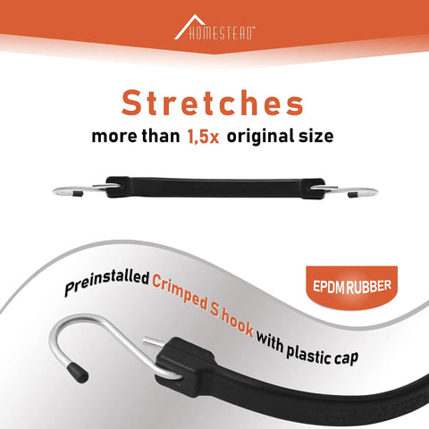 10 Pack 10 Inch Rubber Bungee Cords With Hooks EPDM Tie Down Straps Outdoor showcasing stretch and crimped S hook.