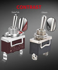 Comparison of two metal toggle switches, highlighting copper and iron materials. Waterproof SPST Toggle Switch 12V DC 30A Marine Grade Built Tough 2 Pin On Off With Spade Terminals Ideal For Auto Boat Car Electrical Installations 2 Pack.