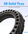 Close-up of 8.5x2 inch solid tire for electric scooters, showing puncture-resistant design with holes, suitable for various models.