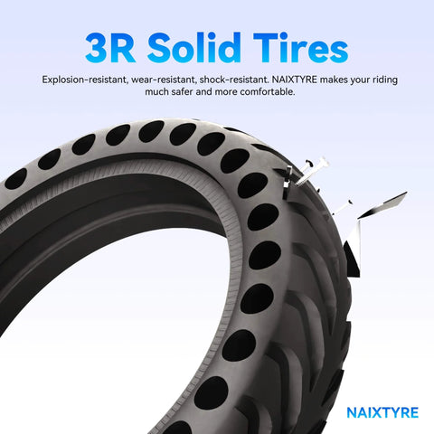 Close-up of 8.5x2 inch solid tire for electric scooters, showing puncture-resistant design with holes, suitable for various models.