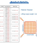 Heavy Duty Tear Resistant Cargo Lifting Net Square Nylon Sling For Trucks And Warehouses With Sturdy Lifting Rings Industrial Grade Gear Built Tough For Heavy Haulin And Moving Jobs product details with polyester material and mesh size specifications.