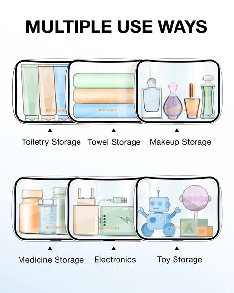 Clear Toiletry Bags Set Two Pack TSA Approved Carry On Travel Pouches Water Repellent Cosmetic Bags For Women Quart Size See Through Airport Security Friendly Black Must Have shown with multiple usage options including toiletries, towels, makeup, medicine, electronics, and toys.