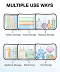 Clear Toiletry Bags Set Three Pack TSA Approved Carry On Quart Size Water Resistant Makeup Bags For Women Easy Airport Security Pass Travel Organizer For Luggage Airline Friendly showing multiple storage uses with toiletries, towels, and toys.