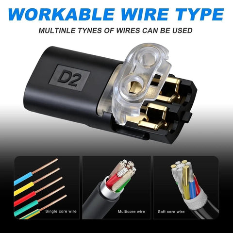Get A Fast Fix With Double Wire Locking Plugs, 30 Pcs Of 2 Pin Pluggable Connectors That Skip The Strip Job For Home Lighting And Quick Wiring Jobs Without Tools. Black 2-pin wire locking plug, D2, for single, multicore, and soft core wires