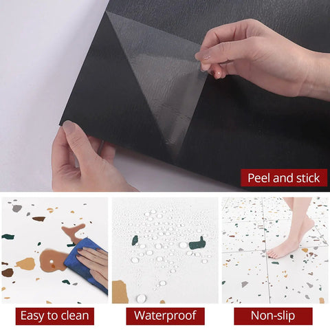 Waterproof Peel And Stick Terrazzo Floor Tiles 20 Pack 12X12 Inch Vinyl Flooring showing peel-and-stick application and waterproof surface.
