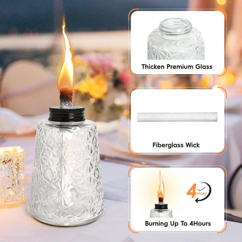 Three Pack Glass Tabletop Torches For Outdoor Vibes With Citronella Oil Fuel Canisters Wicks And Caps Refillable Glass Lanterns