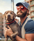 Man wearing purplish blue vintage outdoor trucker cap for men and women with dog on street, showing modern and dope streetwear vibe.