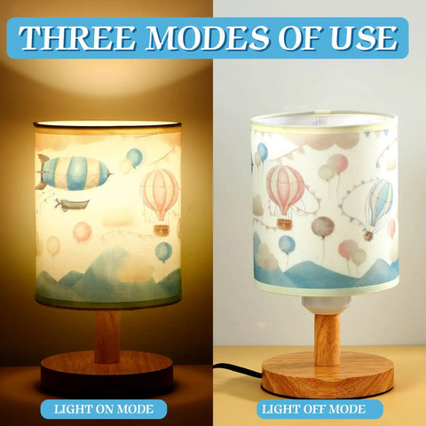 Hot Air Balloon Kids Table Lamp With Linen Shade And Wood Base for Bedroom Nightstand, showing light on and off modes