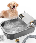 No Fuss Automatic Water Dispenser For Dogs And Livestock, 3 Liter Stainless Steel Faucet Bowl with splashing water and golden retriever.