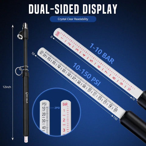 Two-pack tire pressure gauge set with black, heavy-duty dual-head, 12-inch dual-sided display, PSI 10-150 and BAR 1-10