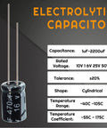 Electrolytic capacitor specifications with Mega Value 24 Value 630 Piece Electrolytic Capacitor Kit From 0.1uF To 1000uF details on display.