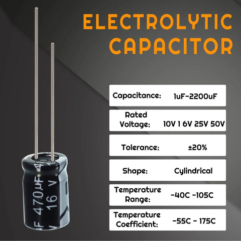 Electrolytic capacitor specifications with Mega Value 24 Value 630 Piece Electrolytic Capacitor Kit From 0.1uF To 1000uF details on display.