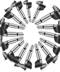 Heavy Duty Carbide Tipped Forstner Drill Bit Set With Hella Sharp Cutting Edges For Clean Smooth Holes In Hard Wood Plywood And Plastic Featuring Beefy Triple Design And Rust Proof Finish 16 Piece Pro Grade Woodworking Kit arranged in a circular formation.