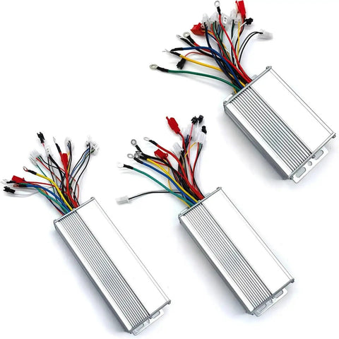 Three 48V 450W Brushless Motor Controllers for Electric Bikes and E Scooter with colorful wiring exposed.