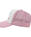 Side view of a pink adjustable womens baseball cap with mesh back, colorful cotton hat ready for beach or yacht vibes.