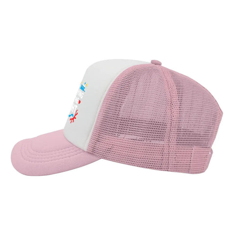 Side view of a pink adjustable womens baseball cap with mesh back, colorful cotton hat ready for beach or yacht vibes.