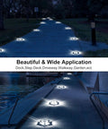 Solar Dock And Path Lights Eight Pack Outdoor LED Yard Lighting illuminating a garden walkway and lakeside dock at night