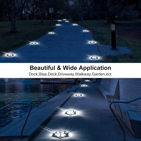 Solar Dock And Path Lights Eight Pack Outdoor LED Yard Lighting illuminating a garden walkway and lakeside dock at night