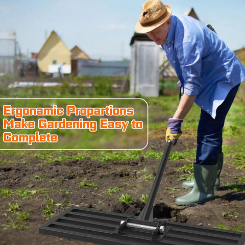 Person using Heavy Duty Stainless Steel Lawn Leveling Rake with 78 Inch Adjustable Handle for garden maintenance
