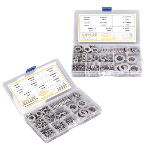 450Pcs Flat Washer Assortment Kit 304 Stainless Steel Washers M3 Through M16 in One Handy Set Rust Resistant for Automotive Electrical Marine DIY Projects and Heavy Duty Hardware Tasks