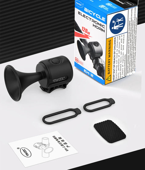 120dB Electric Bike Horn Bell, Compact Lightweight Waterproof IPX4, Quick Install For Adults Kids Bikes And Tricycles, Loud As Heck Safety Alert That Grabs Attention On City Streets, Red, black horn and mounting parts